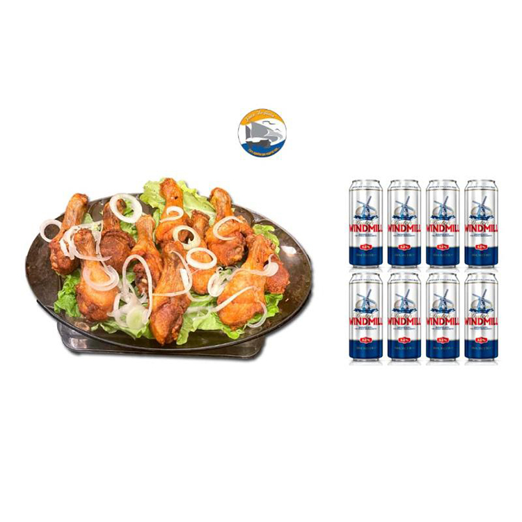 Combinación de pollo frito acompañado de 8 cervezas